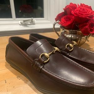 Iconic Gucci Loafers 8.5 D, Mens brown leather Horse-bit, serial No.117708